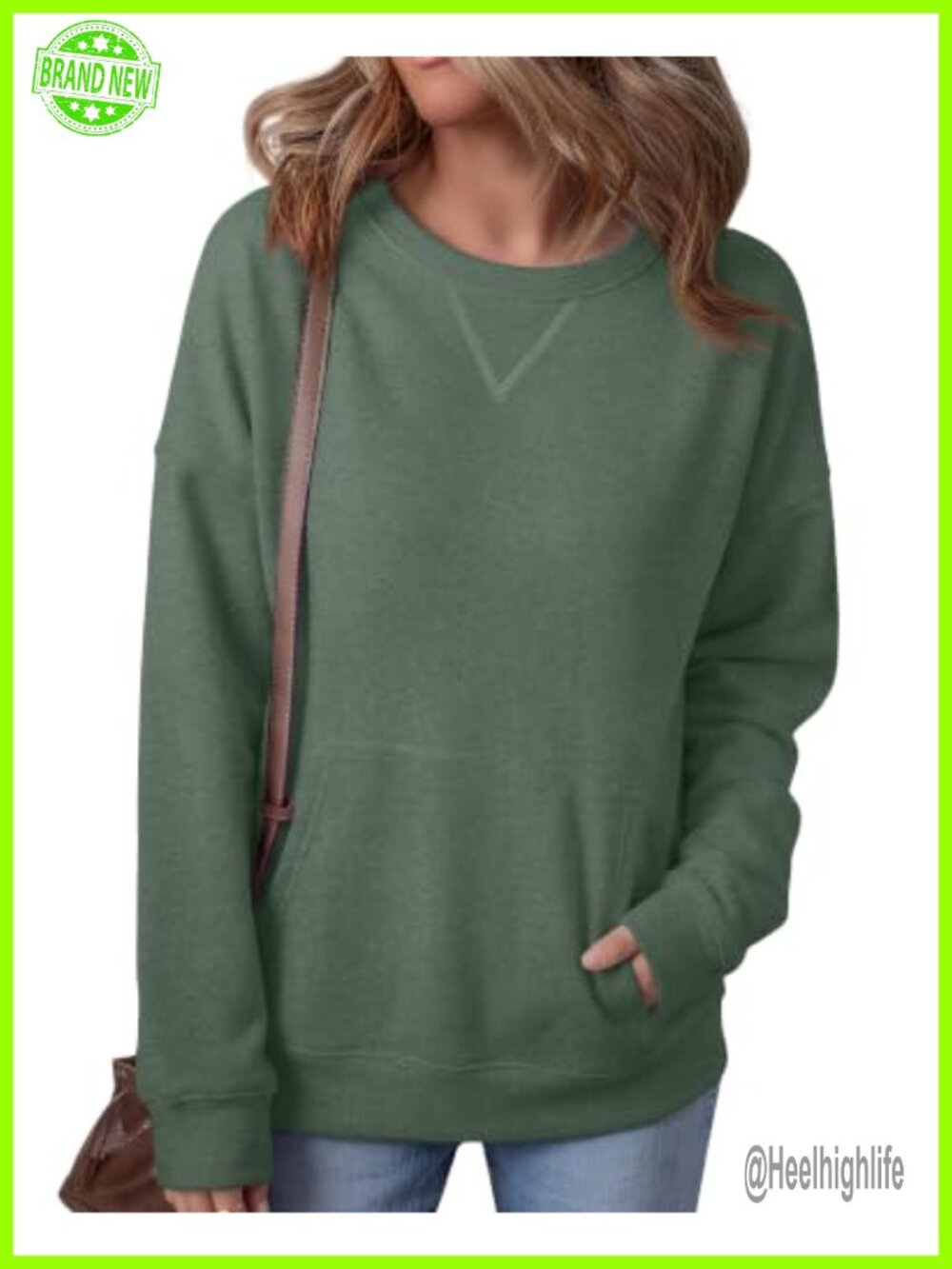 Womens Crew Neck Long Sleeve Sweatshirt Kangaroo Pocket Pullover